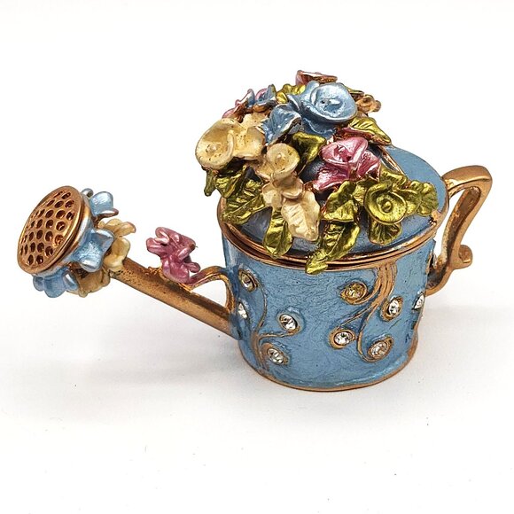 Watering Can Trinket Box Vintage Unsigned Rhinestones Flowers Magnetic Closure - Picture 1 of 9